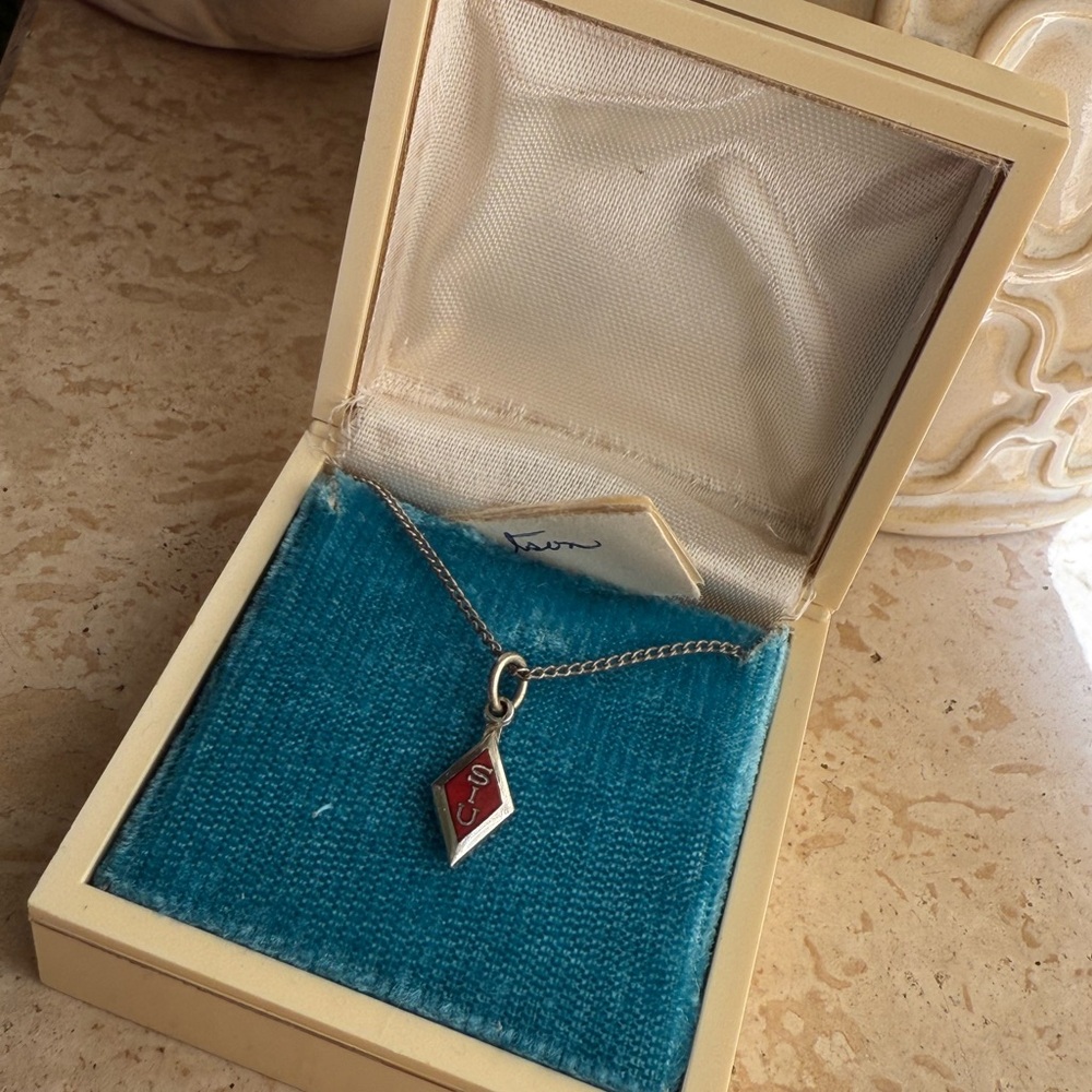 Mid century Sterling Silver Red Enamel Kite Pendant Collegiate Necklace